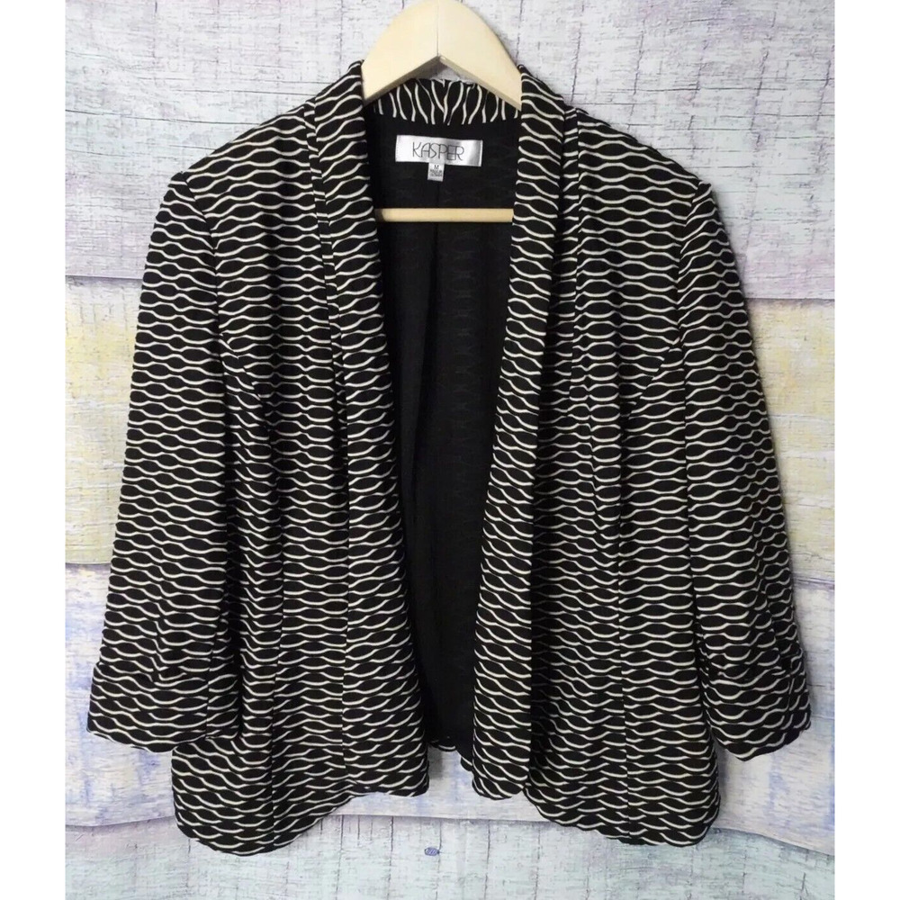 Kasper Black White Open Front 3/4 Sleeve Textured Knit Jacket Blazer - Medium